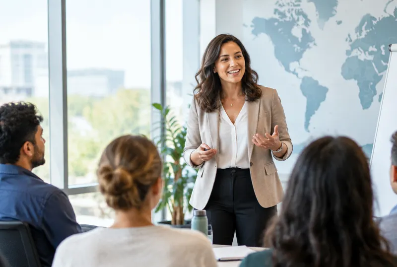 A facilitator presenting to a seated group in front of a world map