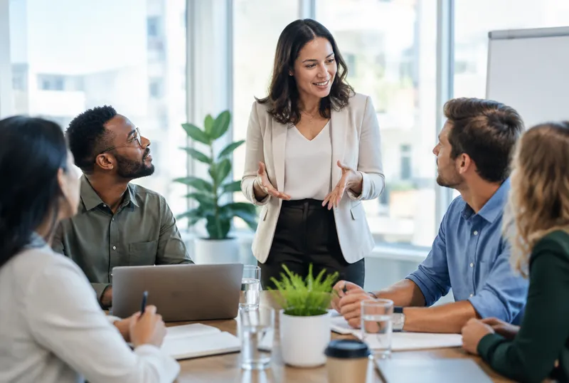 An instructor facilitating a training workshop with a group in a bright meeting room