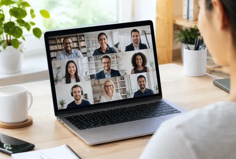 A laptop on a desk showing a grid of remote team members in a video meeting