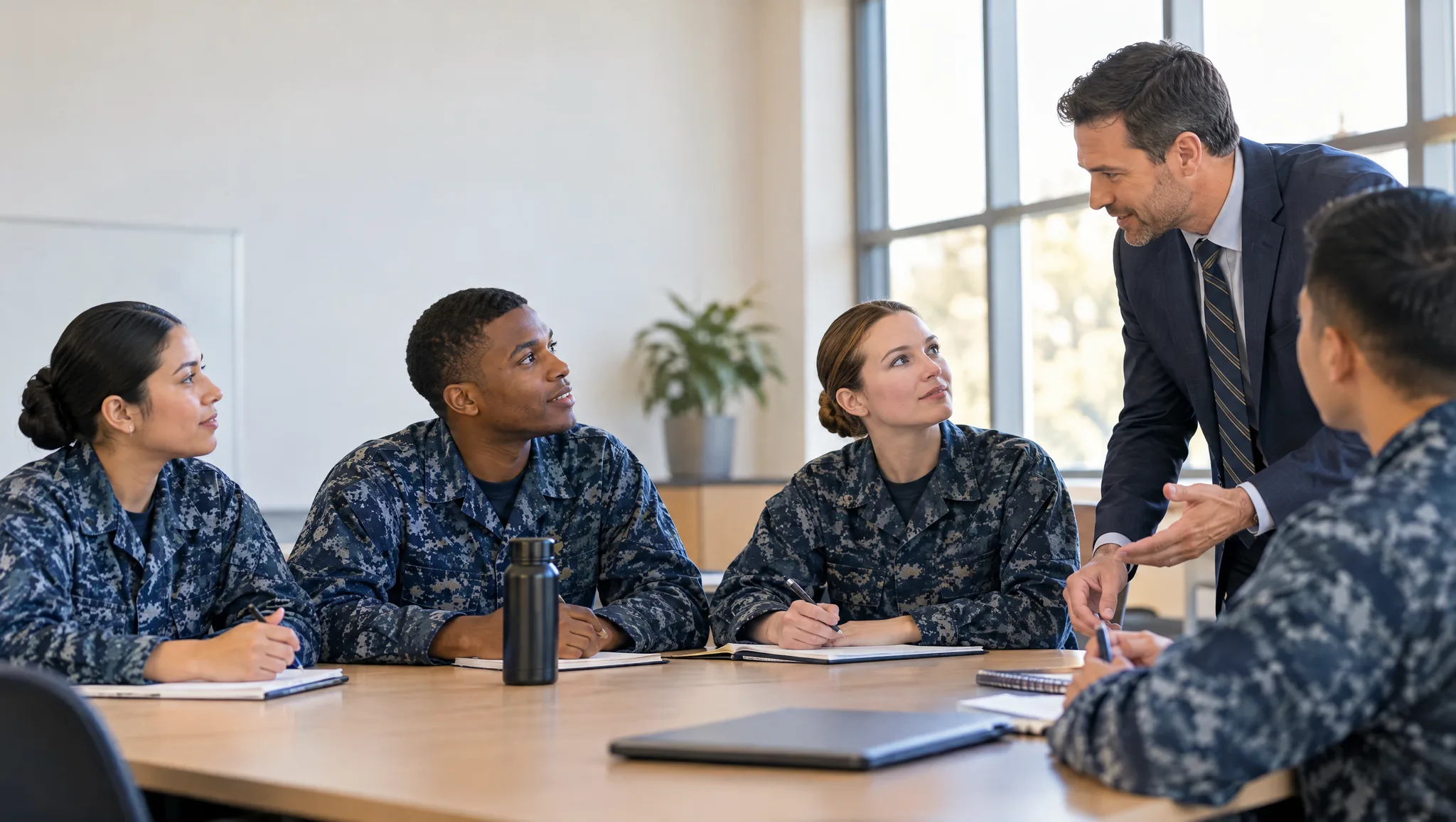 A civilian instructor leading a professional development session for Navy service members