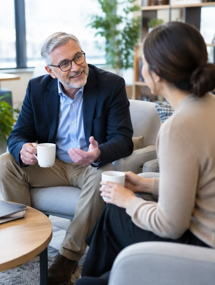 A senior mentor in an informal conversation with a younger professional